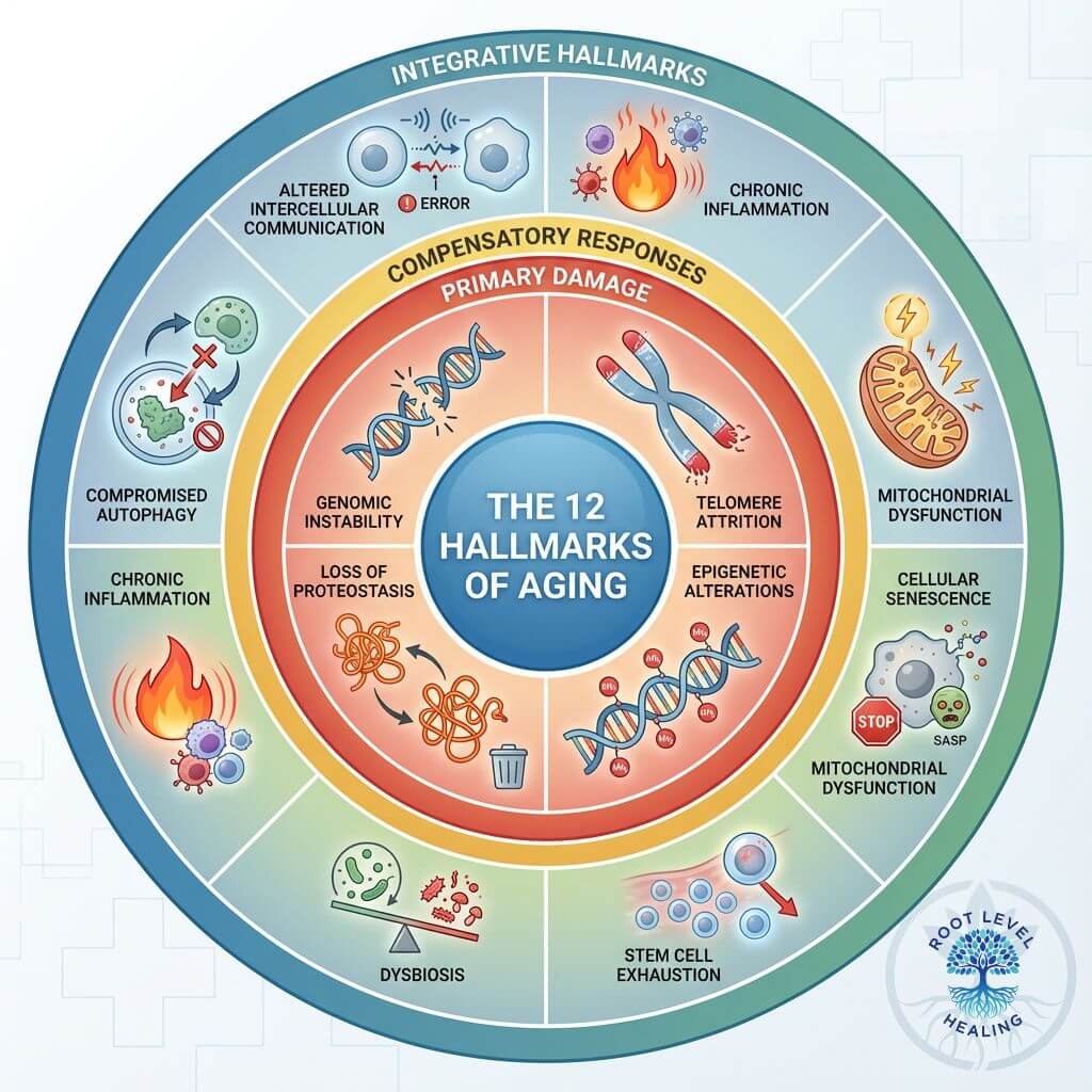 Infographic of the 12 hallmarks of aging, showing interconnected processes like genomic instability, cellular senescence, and chronic inflammation that drive cellular aging.