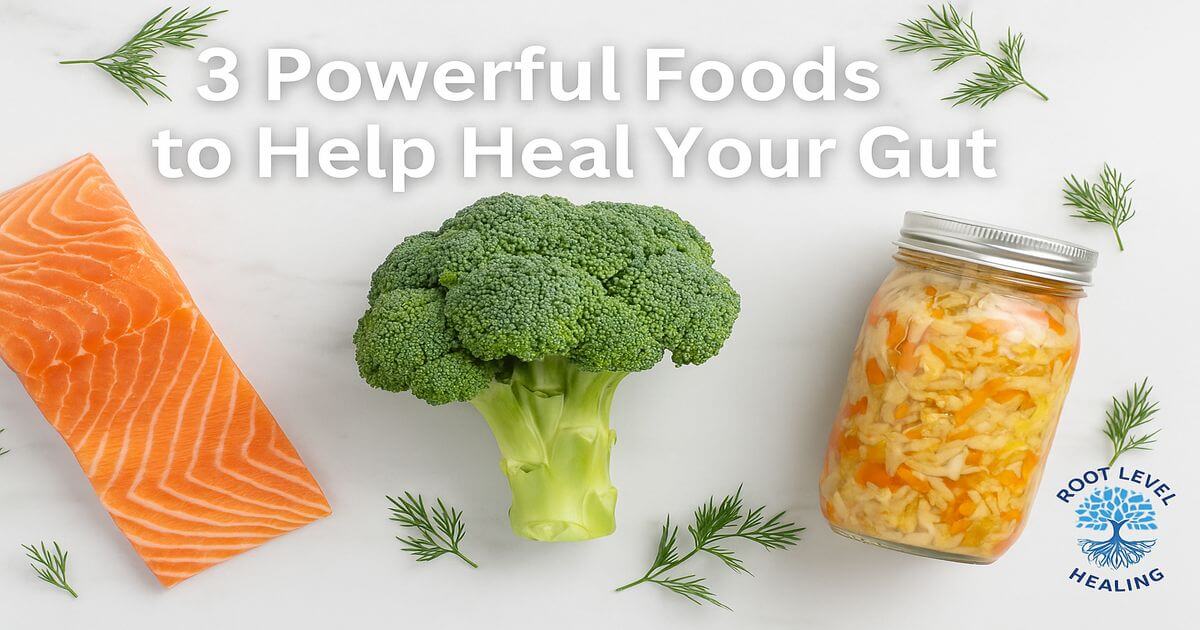 A flat-lay image of salmon, broccoli, and a jar of kimchi, representing foods that heal the gut.