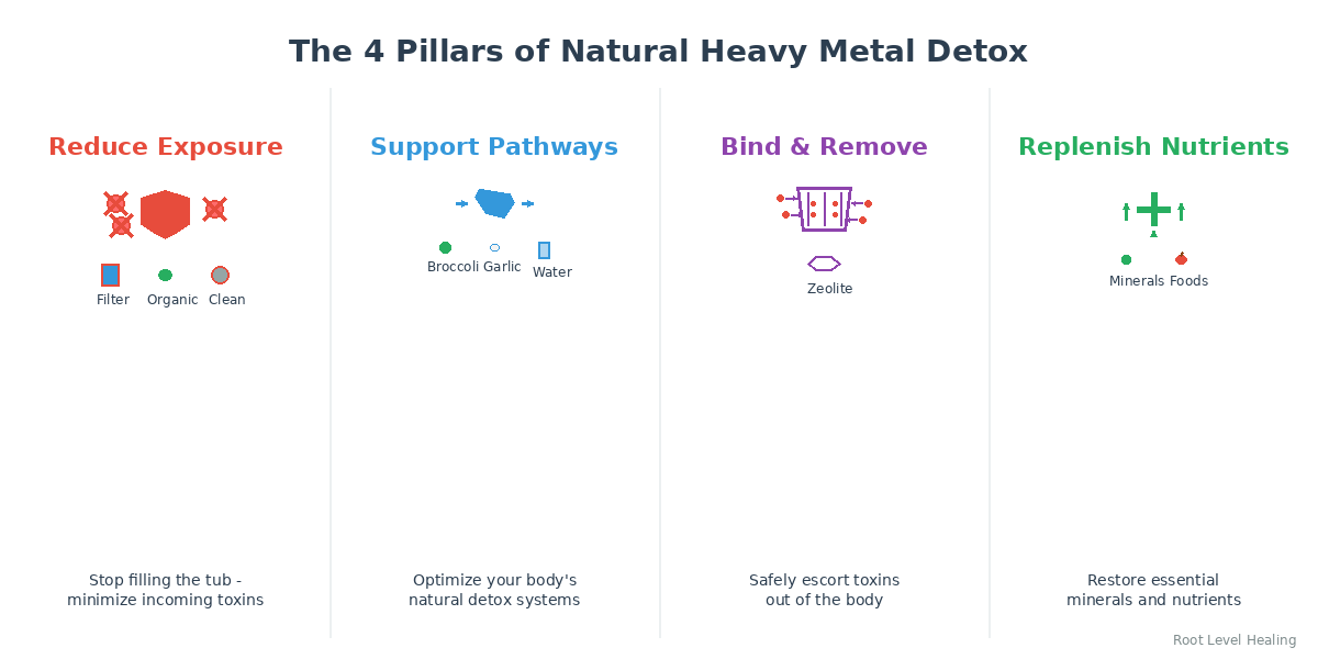 An infographic showing the 4 pillars of natural detox: Reduce Exposure, Support Pathways, Bind & Remove, and Replenish Nutrients.