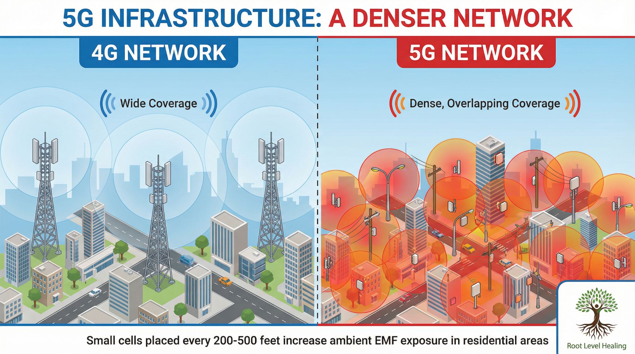 5G infrastructure showing dense small cell network vs sparse 4G towers