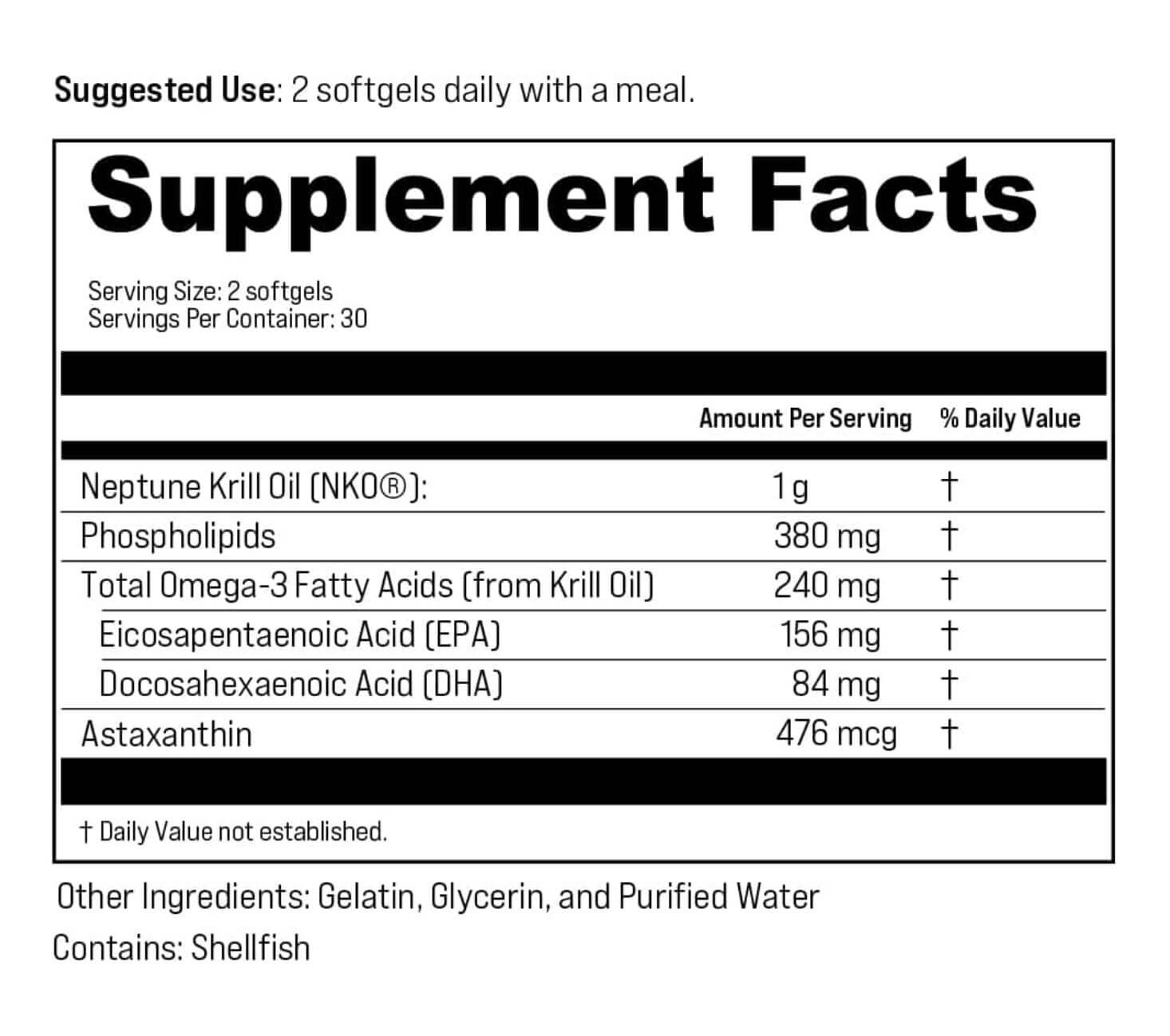Supplement facts panel for KO3 showing Neptune Krill Oil (NKO®) content with EPA, DHA, and astaxanthin levels.