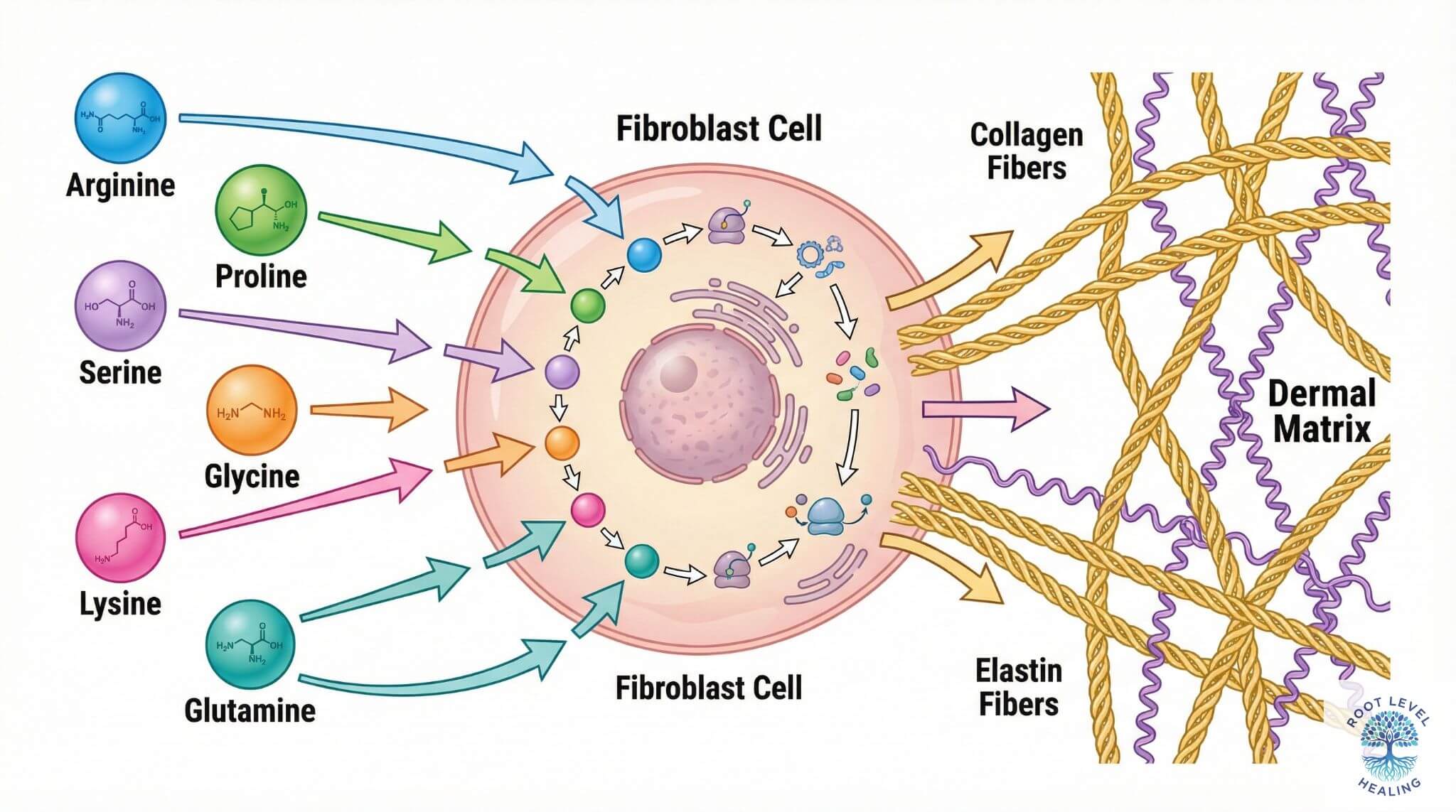 Infographic illustrating how a complete complex of amino acids is used by fibroblasts to synthesize new collagen and elastin fibers, repairing the skin's matrix.