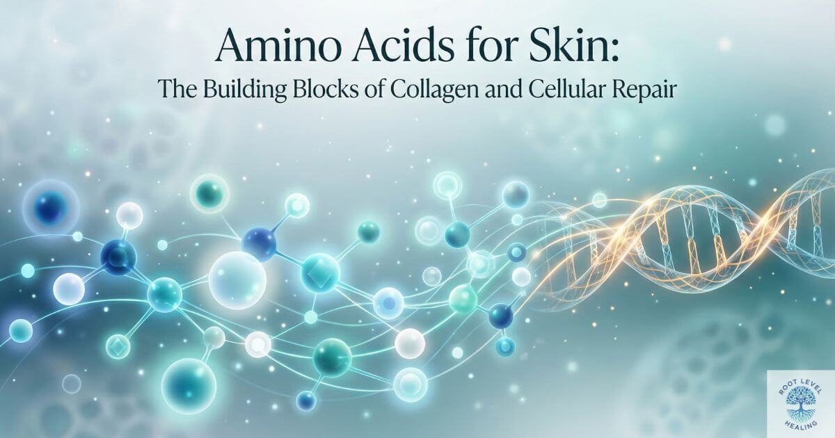 An artistic illustration showing amino acid structures forming into collagen fibers within the skin, representing cellular repair and regeneration.