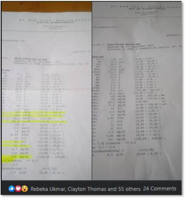 Anca Pop's medical test results showing dramatic improvement in diabetes and cholesterol levels after using Clean Slate