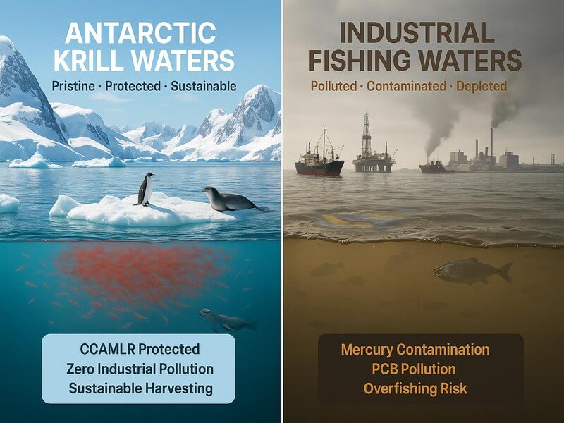 Split image showing pristine Antarctic waters versus polluted industrial fishing areas