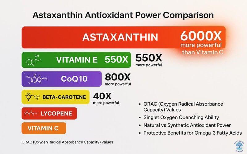Chart comparing the antioxidant power of astaxanthin to other antioxidants like vitamin E and beta-carotene