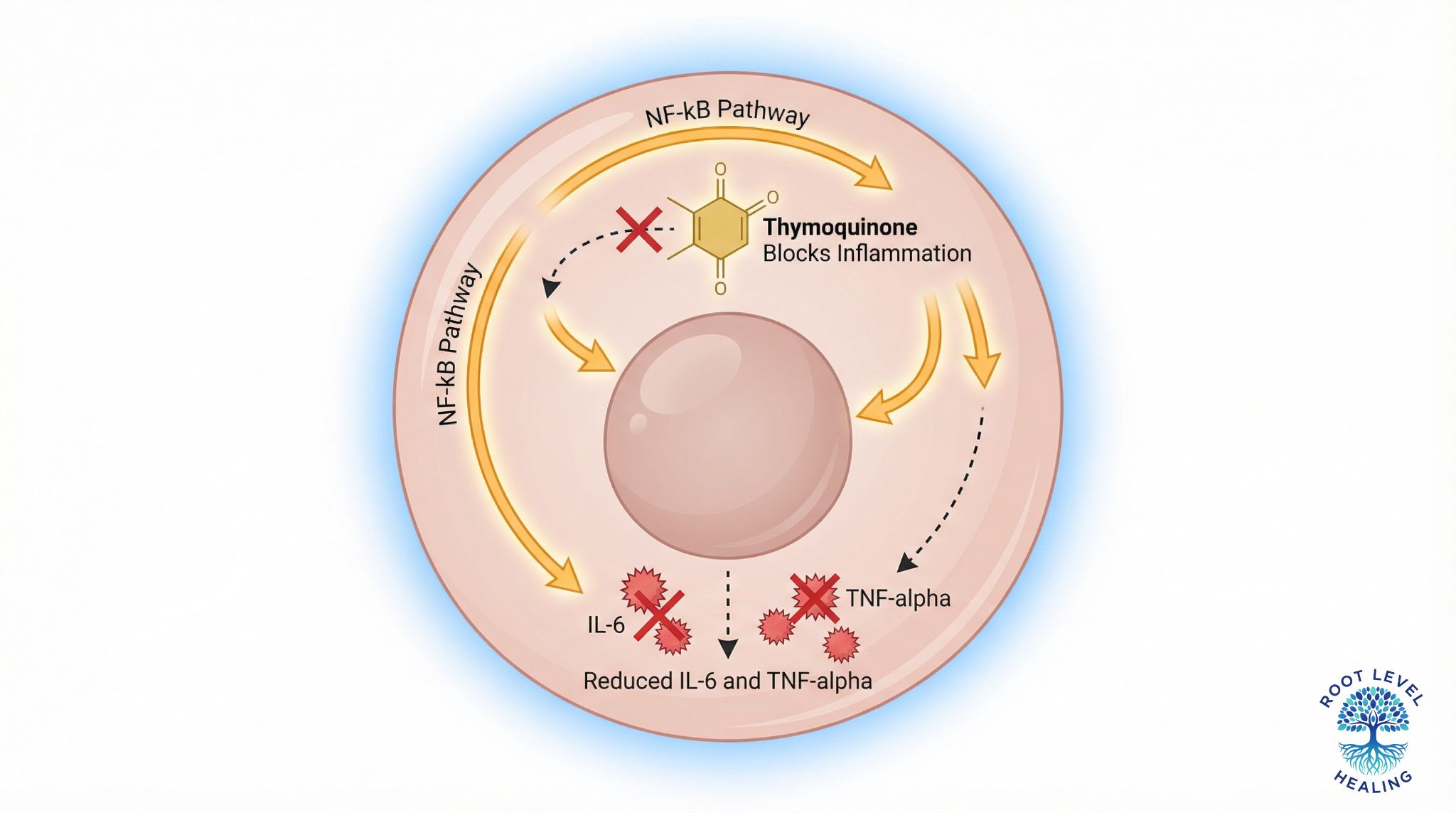 Diagram showing thymoquinone's anti-inflammatory action by inhibiting pro-inflammatory cytokines.