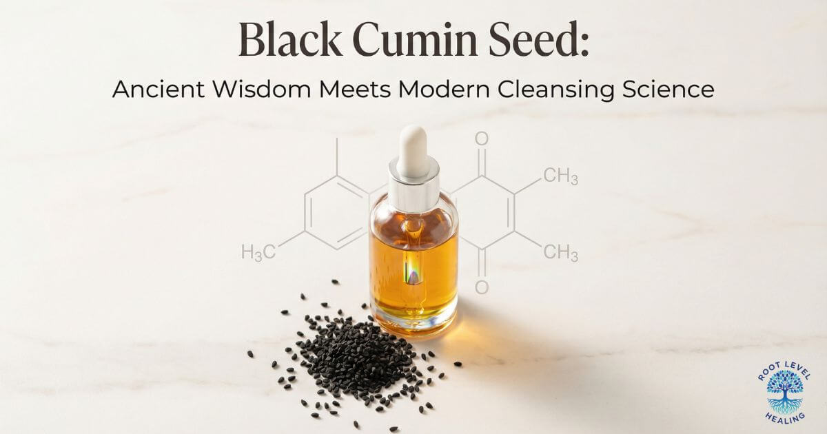 Featured image for an article on black cumin seed oil cleansers, showing a bottle of the oil with black cumin seeds, representing the blend of ancient wisdom and modern science.