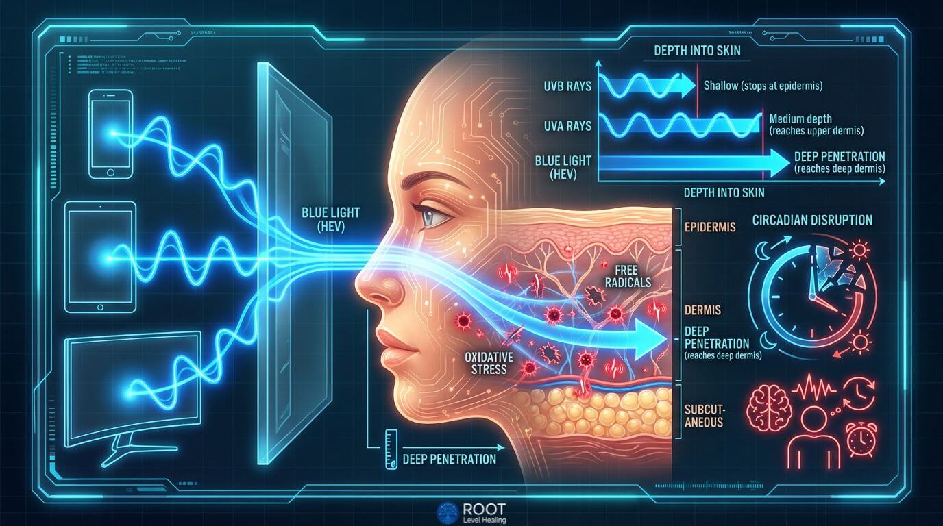 A diagram showing how blue light from digital devices penetrates deep into the skin, causing oxidative stress and disrupting the natural repair cycle.