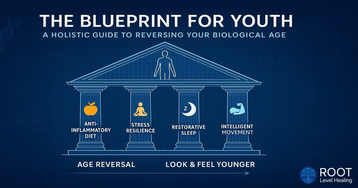 Comprehensive blueprint showing the four pillars of holistic anti-aging: diet, stress management, sleep, and movement
