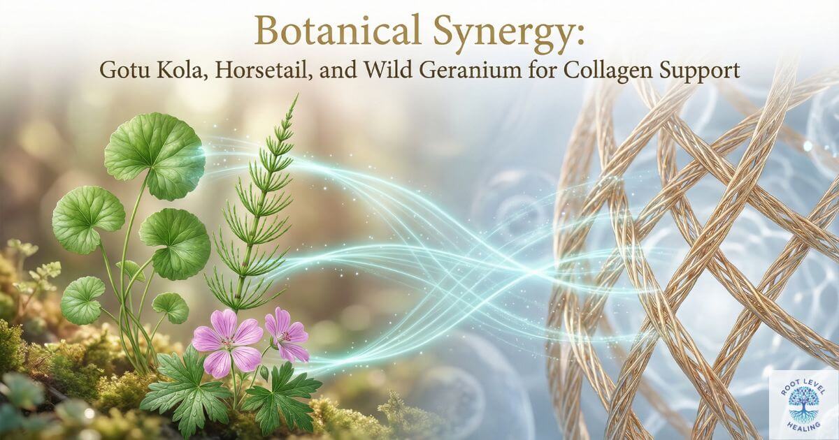 An artistic representation of botanical synergy, with Gotu Kola, Horsetail, and Wild Geranium leaves intertwining with collagen fibers on a microscopic level.
