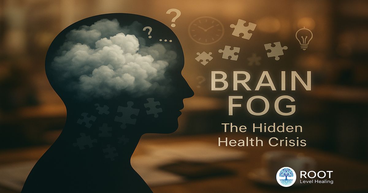 Split design showing polluted cityscape transitioning to clean nature with Clean Slate bottle as bridge, representing transformation from brain fog to mental clarity.