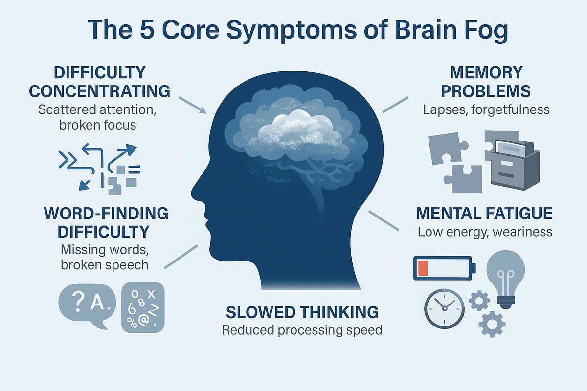 Infographic showing the five main symptoms of brain fog: difficulty concentrating, memory problems, mental fatigue, slowed thinking, and word-finding difficulty.