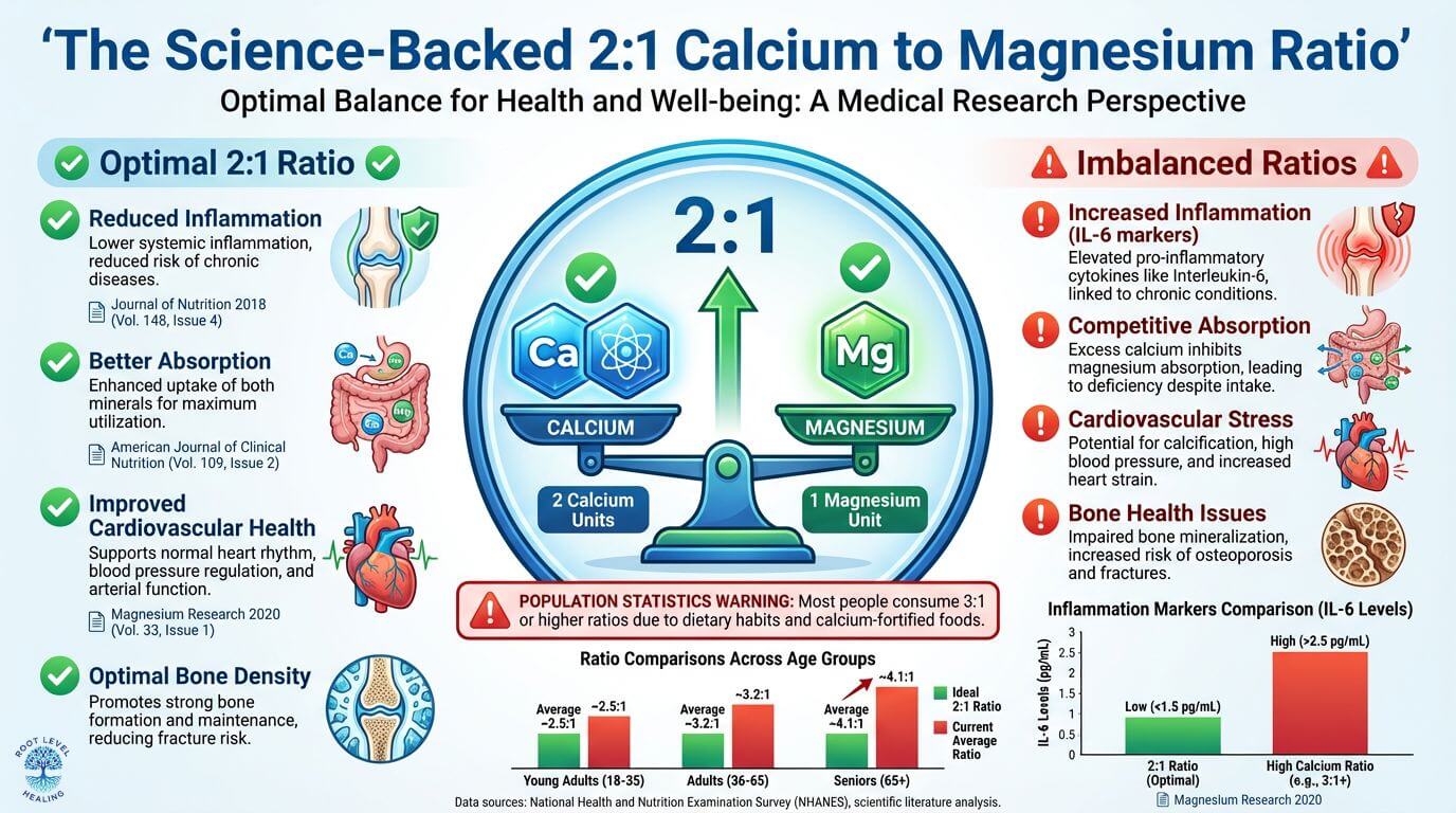 A scientific chart showing the synergistic benefits of the 2:1 calcium to magnesium ratio for optimal health.