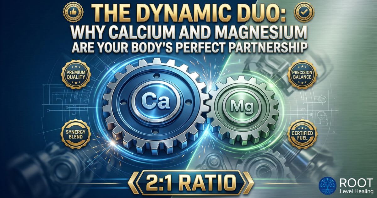 Two interlocking gears, one representing calcium and the other magnesium, creating a perfect fuel blend for the body's engine.