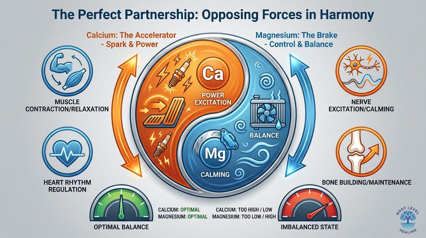 A diagram showing the synergistic relationship between calcium and magnesium in bone health, muscle function, and nerve transmission.