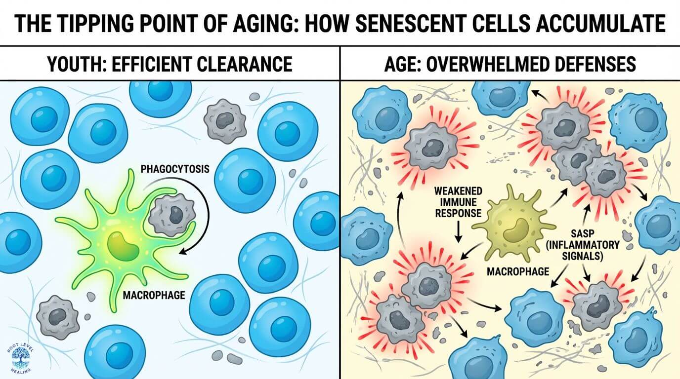 Diagram showing a senescent 'zombie' cell releasing inflammatory SASP signals that damage nearby healthy cells, causing chronic inflammation and tissue aging.