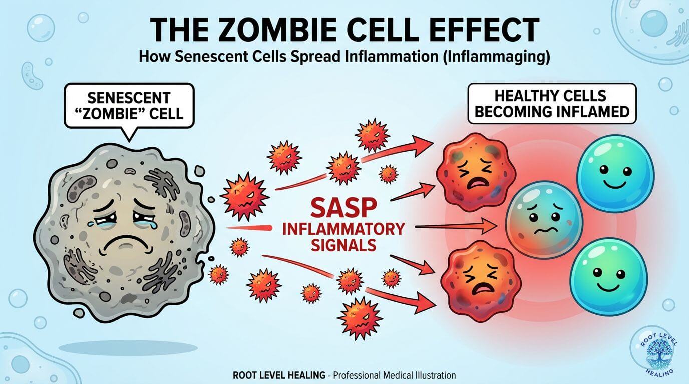 Diagram explaining cellular senescence, where a 'zombie cell' secretes inflammatory SASP factors that damage nearby healthy cells, causing inflammaging.