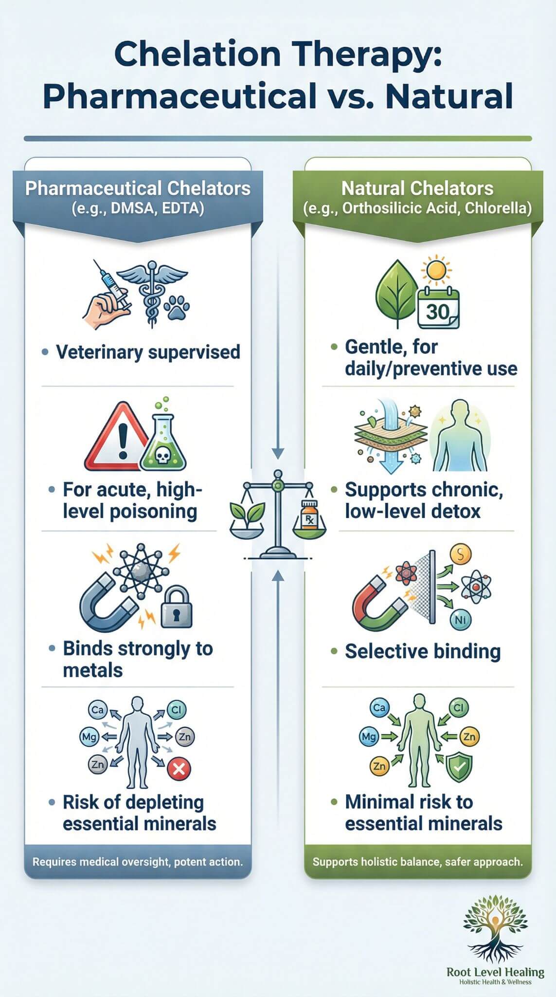 Comparison infographic of pharmaceutical chelators like DMSA and EDTA versus natural chelators like orthosilicic acid and chlorella