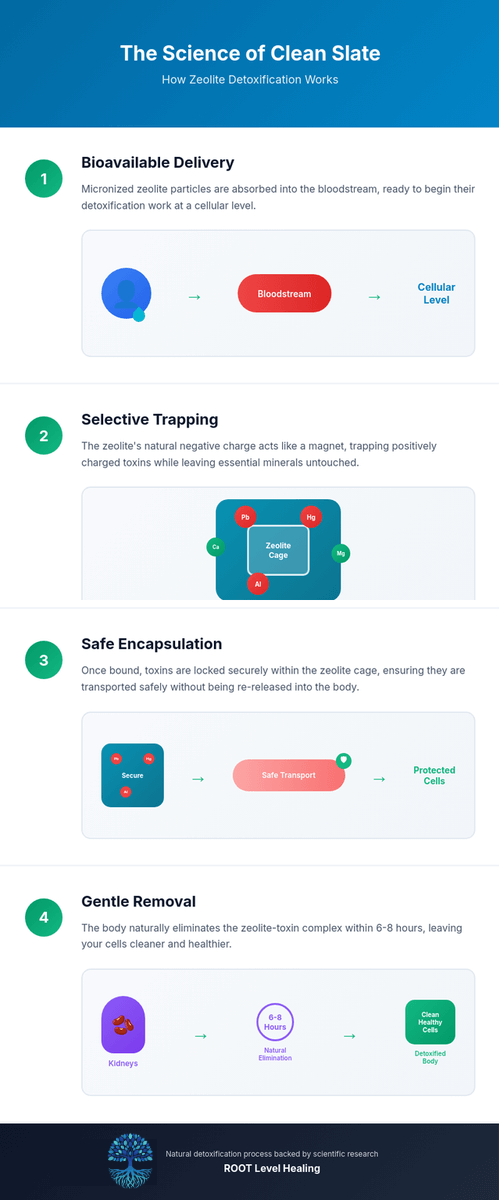 An infographic showing how Clean Slate's zeolite crystals selectively bind and remove toxins while preserving beneficial minerals in the body.
