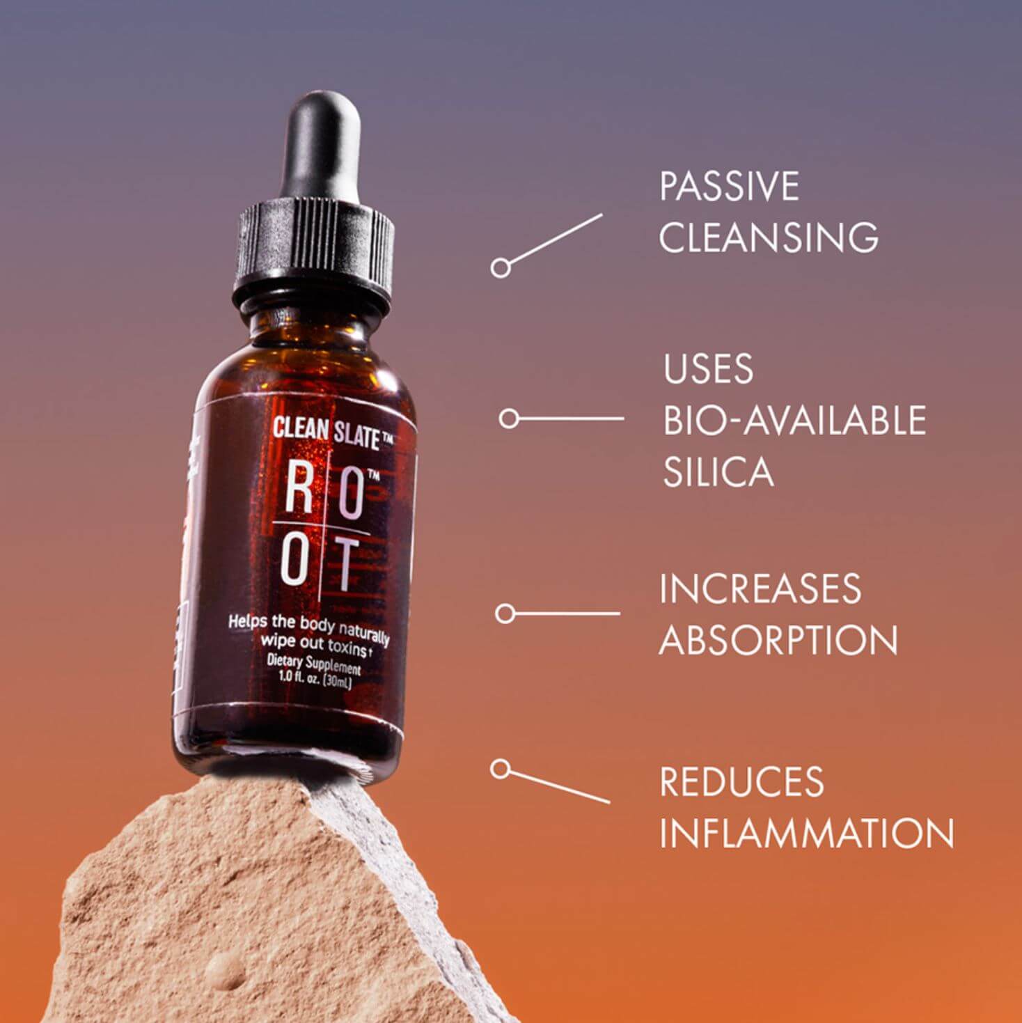 Clean Slate product infographic showing passive cleansing, bio-available silica, increased absorption, and reduced inflammation benefits.