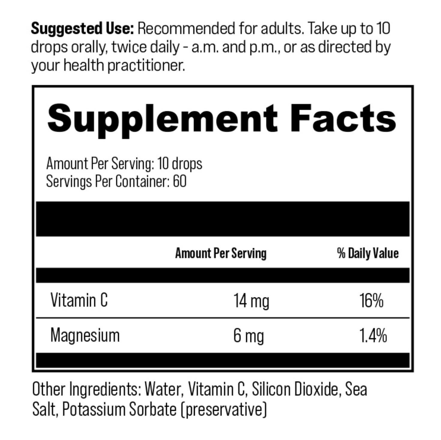Clean Slate supplement facts label showing 10 drops serving size, Vitamin C 14mg, Magnesium 6mg, and other ingredients including water, vitamin C, silicon dioxide, sea salt, and potassium sorbate.