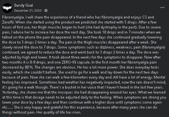 Sandy Goel's detailed Facebook testimonial about fibromyalgia relief with Clean Slate and Zero-In