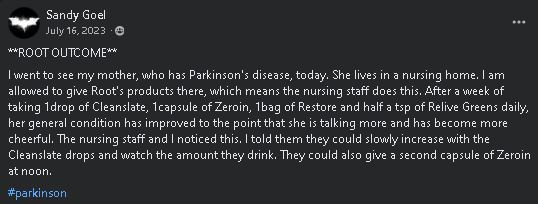 Sandy Goel sharing Babi Hottinger's testimonial about Parkinson's support with ROOT products