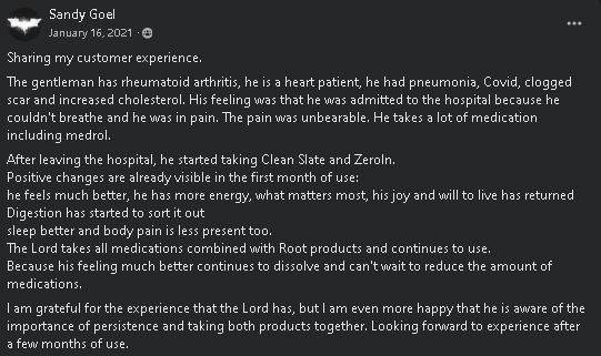 Sandy Goel's testimonial about a heart patient's recovery with Clean Slate and Zero-In