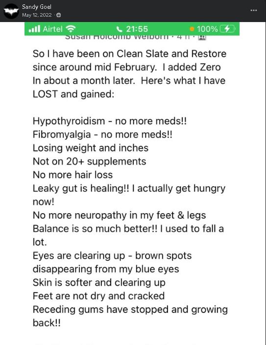 Sandy Goel's testimonial about comprehensive health transformation with Clean Slate, Restore, and Zero-In