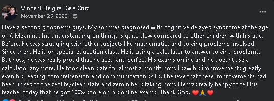 Vincent Belgira Dela Cruz's Facebook testimonial about his son's cognitive improvement with Clean Slate and Zero-In