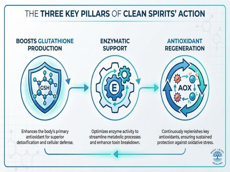 Infographic showing the three pillars of Clean Spirits' action: Glutathione Production, Enzymatic Support, and Antioxidant Regeneration