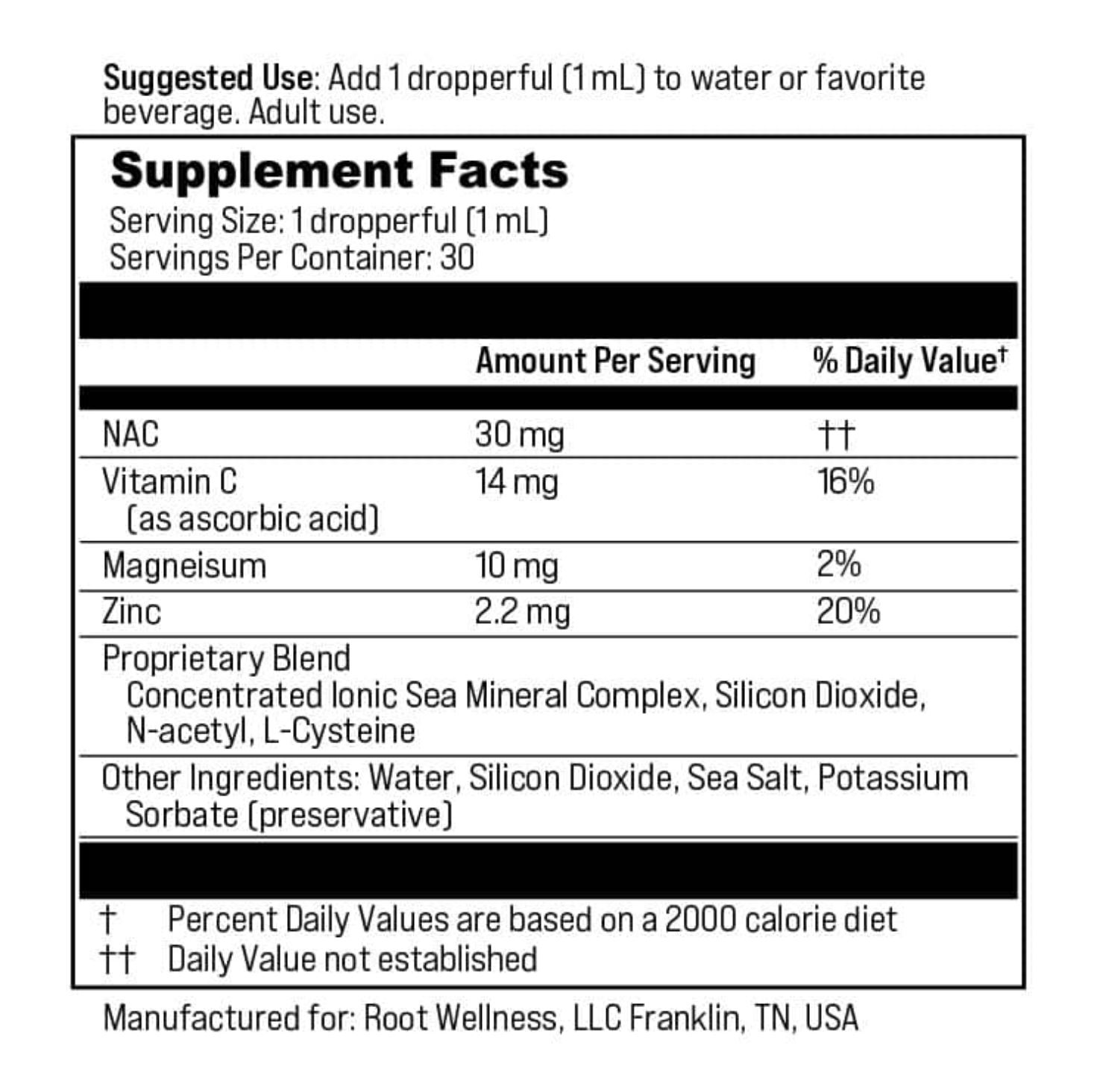 Supplement facts panel for Clean Spirits by Dr. Christina Rahm, showing NAC, Vitamin C, Magnesium, Zinc, and a proprietary blend