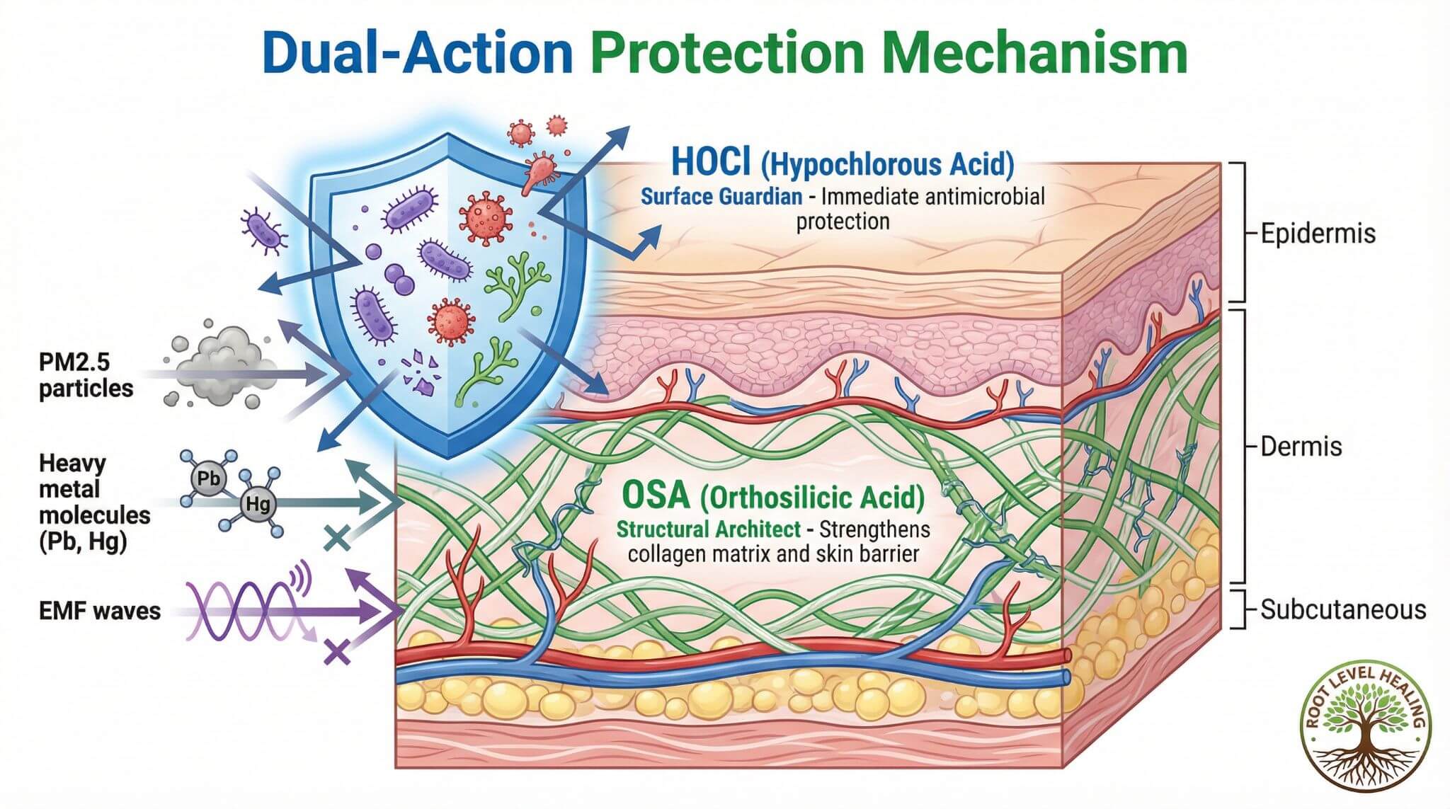 Scientific diagram showing Coato's dual-action protection mechanism with HOCl providing surface antimicrobial protection on epidermis and OSA strengthening collagen matrix in dermis, blocking PM2.5 particles, heavy metals, and EMF waves from penetrating pet dog cat skin layers