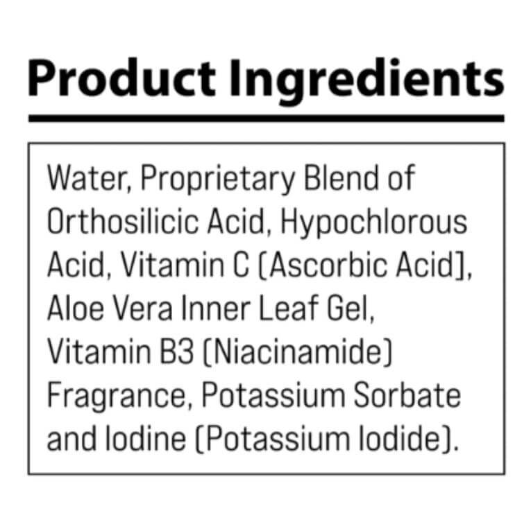 Coato product ingredients label showing water, proprietary blend of orthosilicic acid, hypochlorous acid, vitamin C ascorbic acid, aloe vera inner leaf gel, vitamin B3 niacinamide, fragrance, potassium sorbate and iodine potassium iodide for pet environmental protection