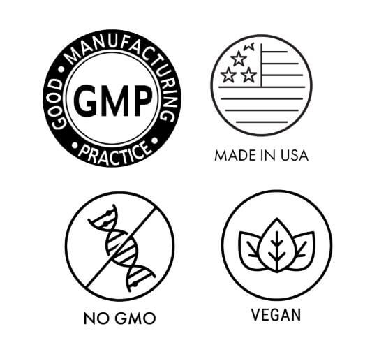 Coato product quality features showing GMP Good Manufacturing Practice certification, Made in USA, No GMO non-GMO ingredients, and Vegan formula for pet environmental protection spray