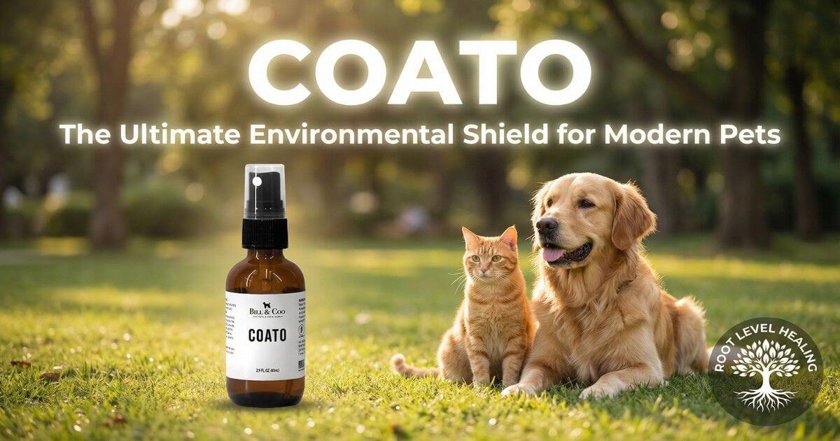 Coato environmental protective spray for pets with golden retriever and orange tabby cat in outdoor park setting, showing the ultimate environmental shield against EMF, 5G, heavy metals, and pollutants for modern dogs and cats