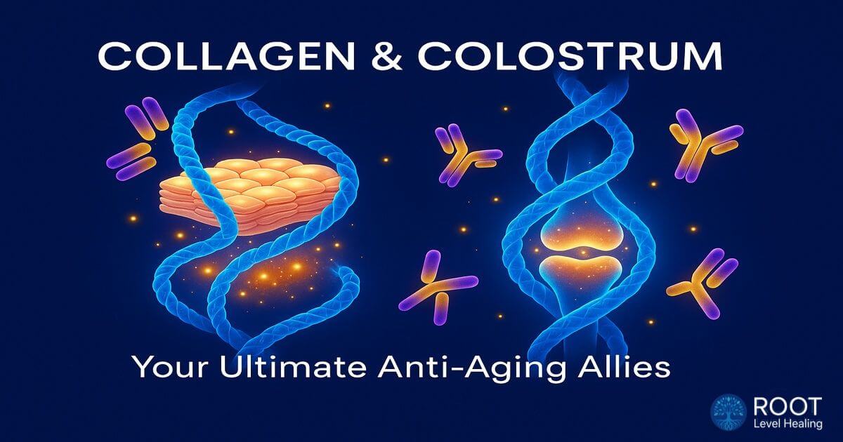 Illustration showing collagen and colostrum working together for anti-aging benefits