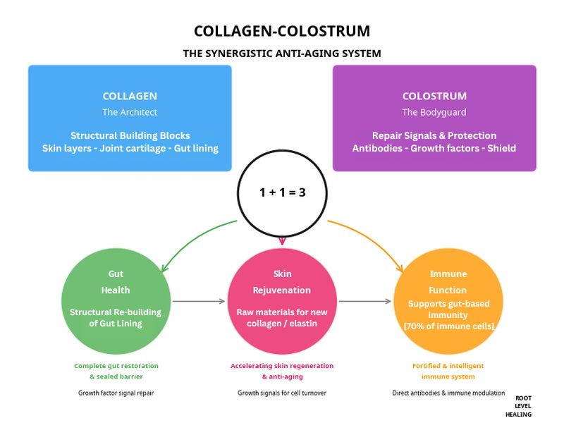 Scientific diagram showing how collagen and colostrum work synergistically for comprehensive anti-aging benefits