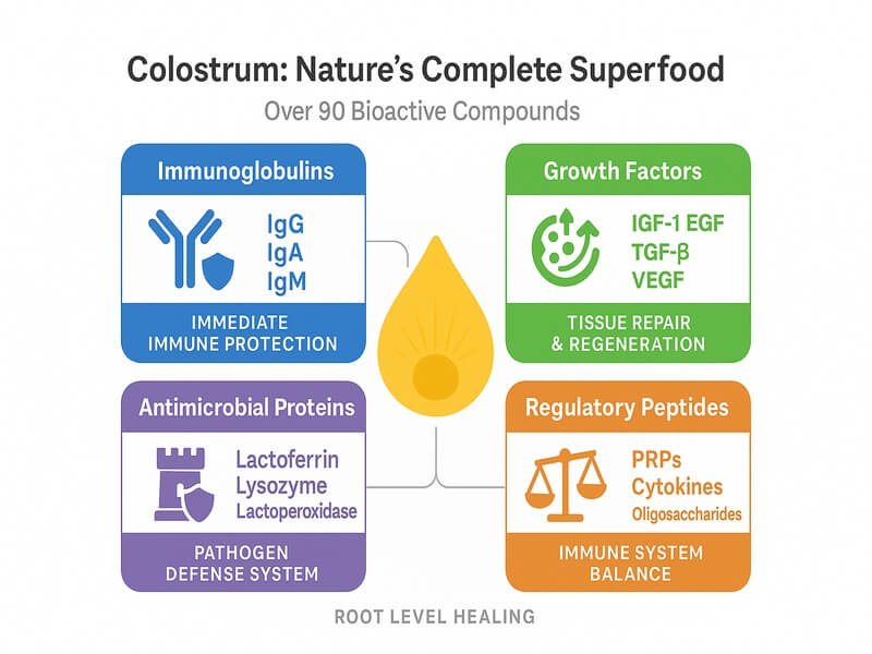Infographic showing the key bioactive components in colostrum including immunoglobulins, growth factors, and lactoferrin