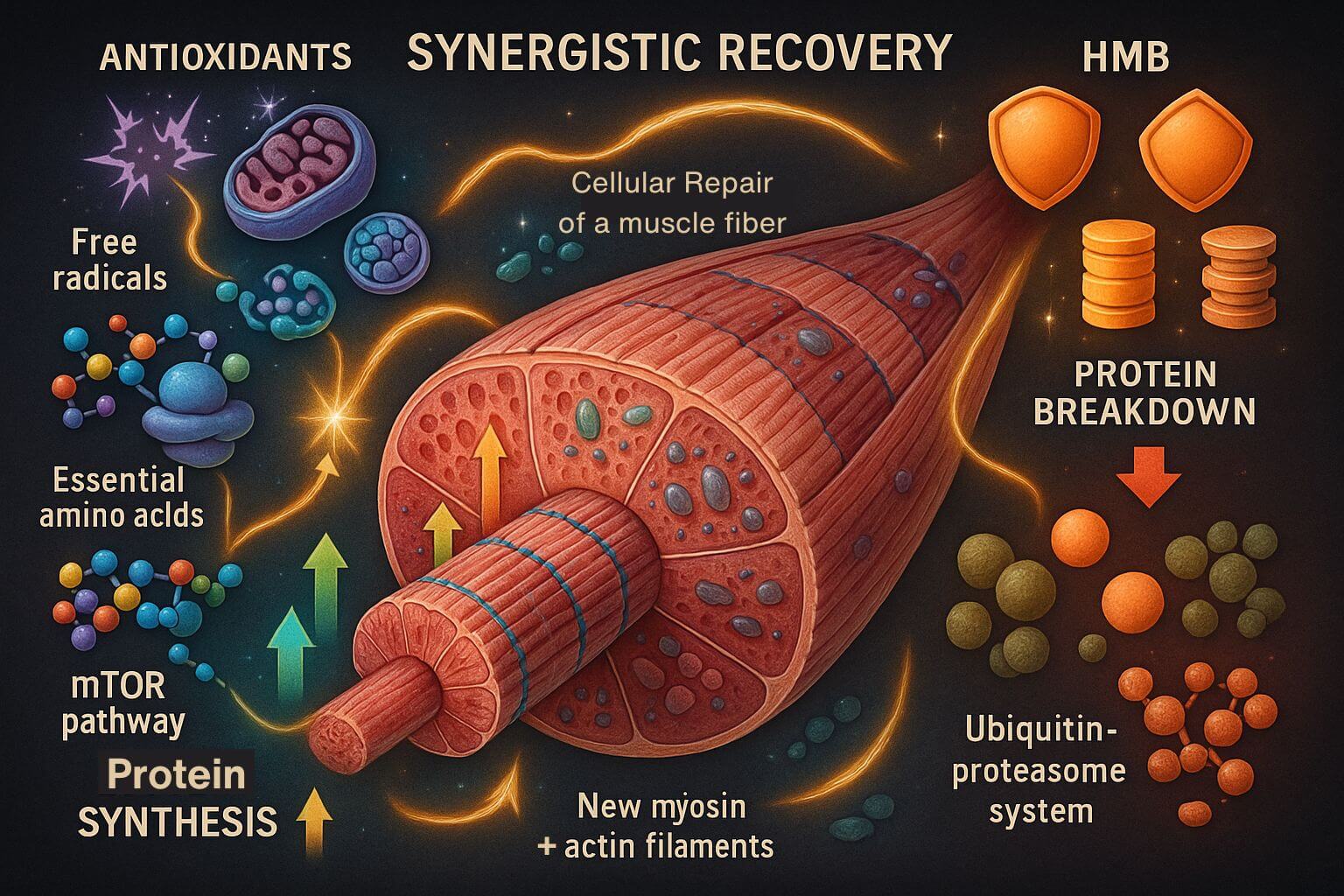 An infographic showing how EAAs, HMB, and antioxidants work together synergistically to build and protect muscle tissue