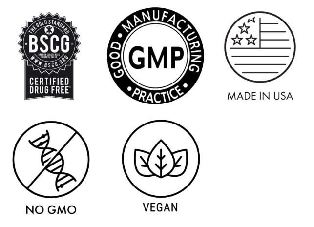 Defend Your Pet quality certifications showing BSCG Certified Drug Free, GMP Good Manufacturing Practice, Made in USA, No GMO, and Vegan badges for pet supplement safety and quality standards