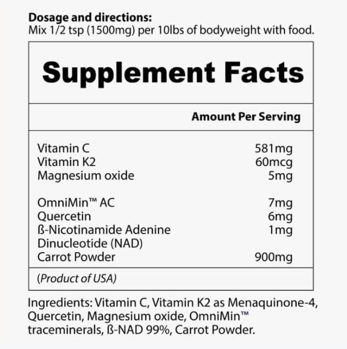 Defend Your Pet supplement facts label showing dosage and directions with complete ingredient list including vitamin C 581mg, vitamin K2 60mcg, magnesium oxide 5mg, OmniMin AC 7mg, quercetin 6mg, beta-NAD 1mg, and carrot powder 900mg for pet cellular health