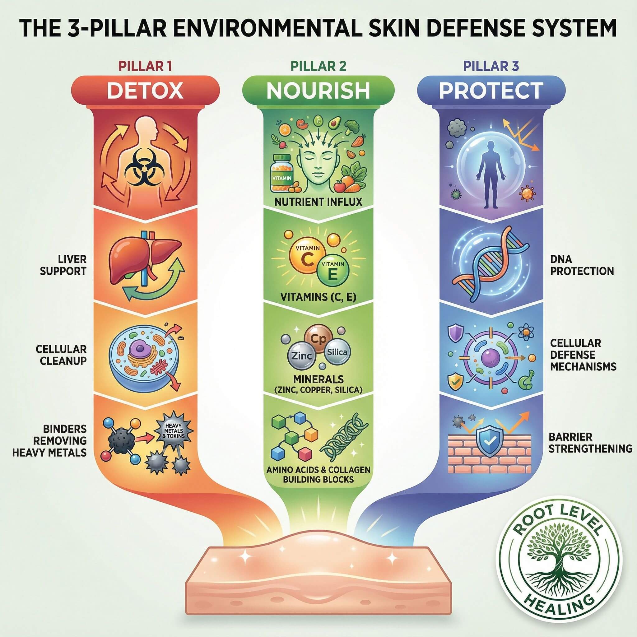 The 3 pillars of environmental skin defense: Detoxify, Nourish, and Protect for optimal cellular anti-aging