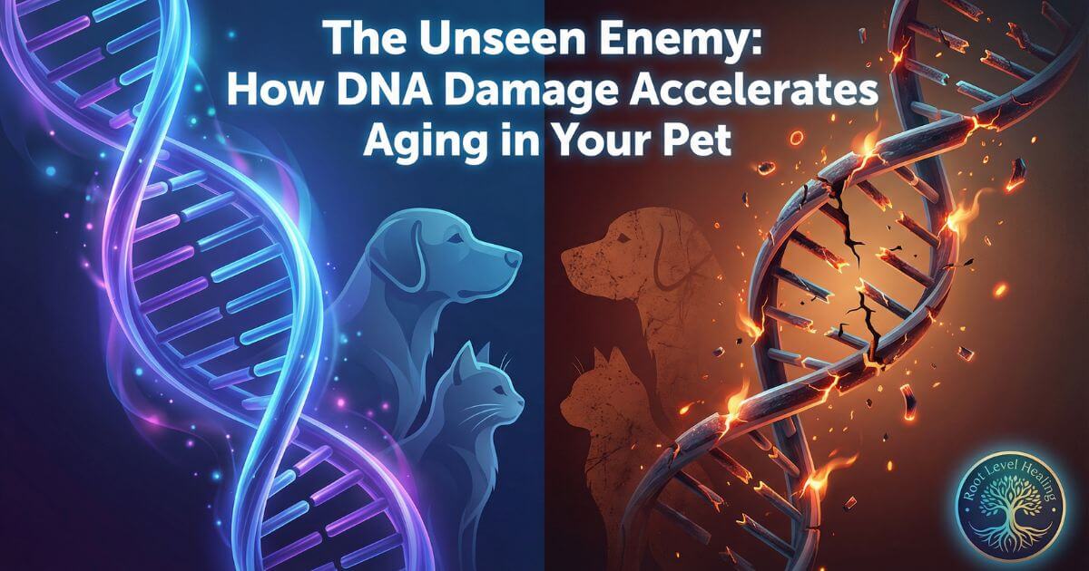 Split composition showing healthy glowing DNA helix versus damaged fragmented DNA with oxidative stress, representing how DNA damage accelerates aging in dogs and cats, with Root Level Healing branding