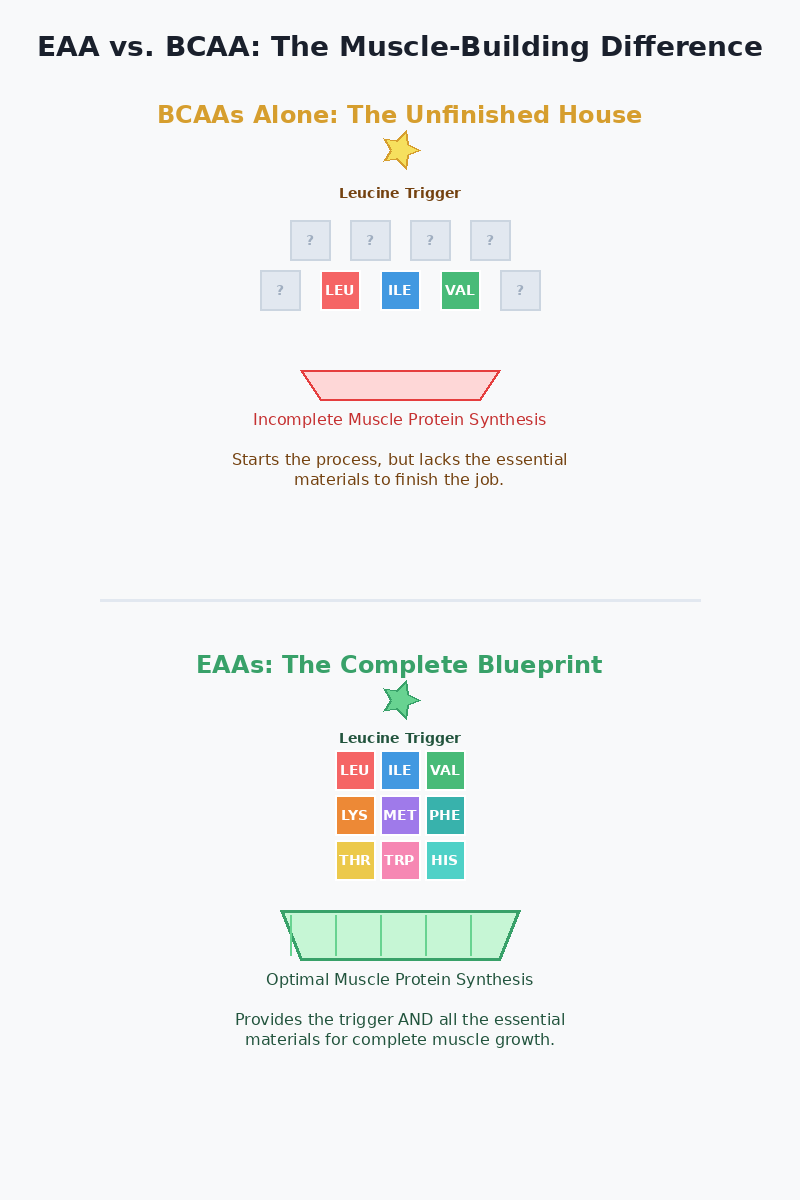 Detailed comparison showing BCAA supplementation creating incomplete muscle protein synthesis versus EAA supplementation enabling complete muscle building