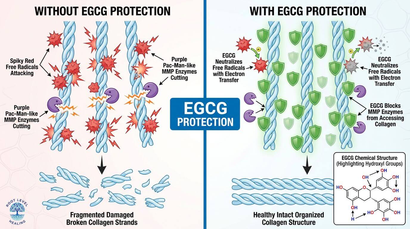 A diagram showing how EGCG catechins from green tea neutralize free radicals and inhibit MMP enzymes, protecting collagen and elastin fibers from degradation.