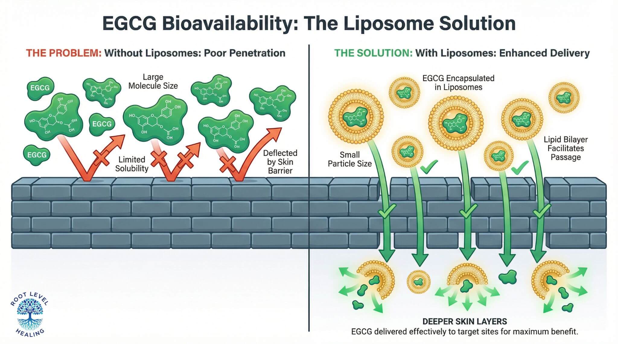 Side-by-side comparison showing EGCG molecules bouncing off the skin barrier versus encapsulated EGCG in liposomes easily penetrating the skin.
