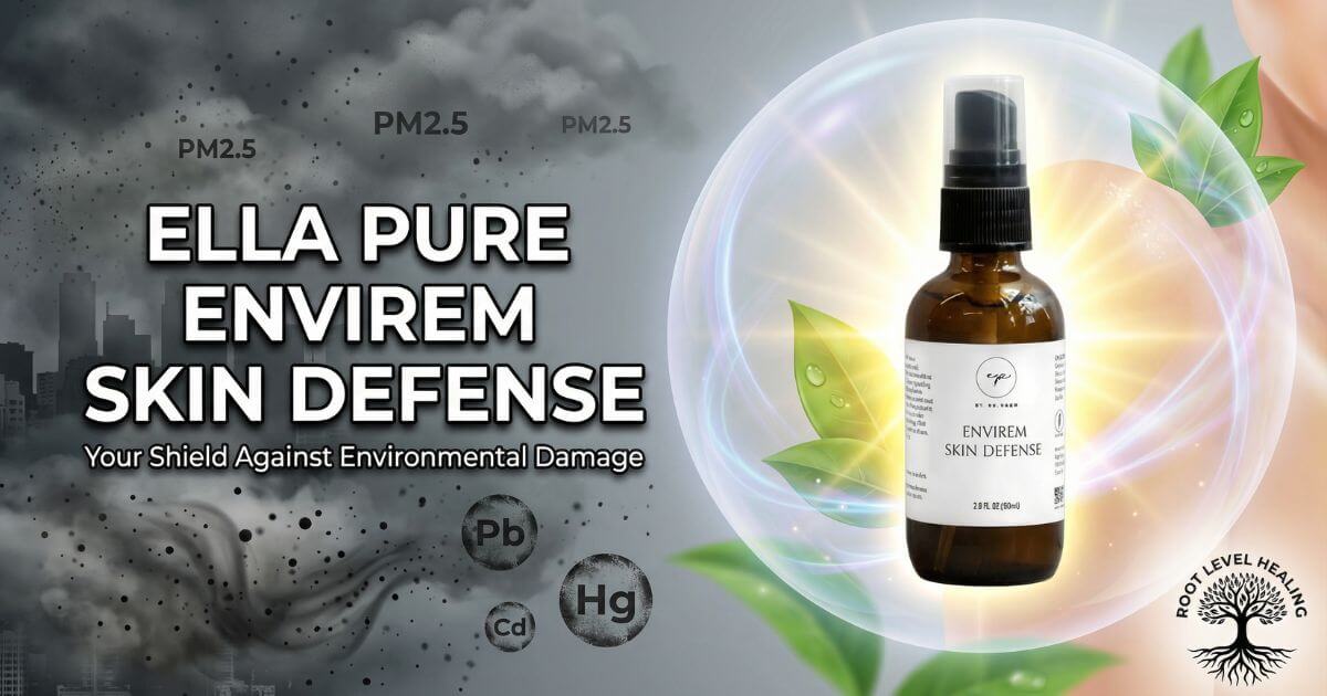 Ella Pure Envirem Skin Defense featured image showing environmental threats on left and protected skin with shield on right.