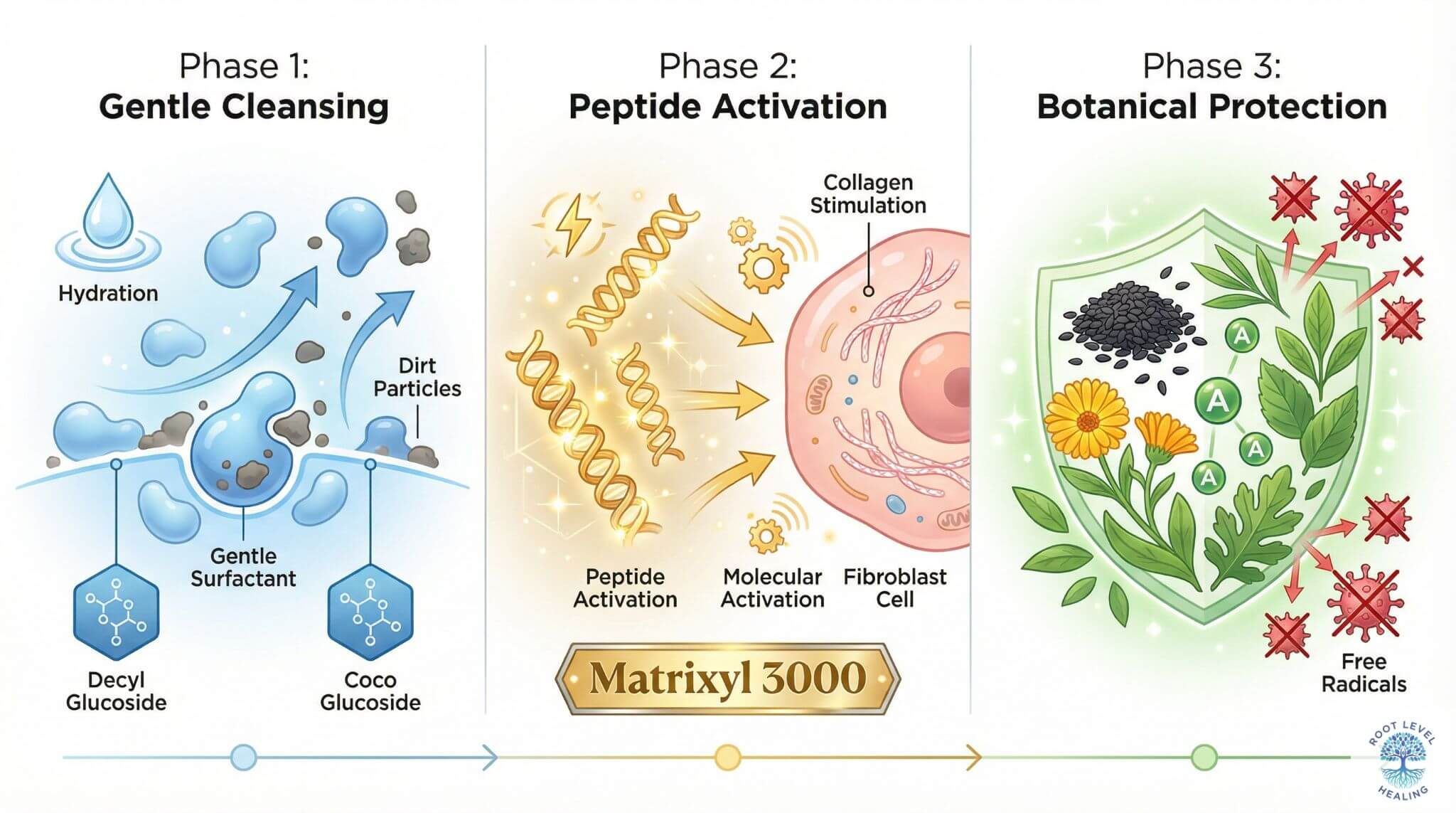 Infographic showing the three-phase action of the Ella Pure Peptide Cleanser: Gentle Cleansing, Peptide Activation, and Botanical Protection.